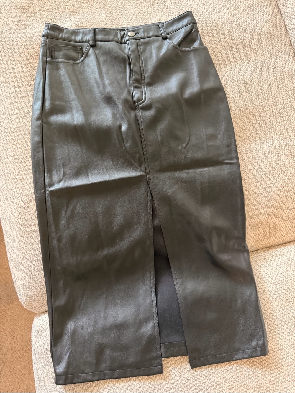Dynamite Black Faux Leather Midi Pencil Skirt with Front Vent